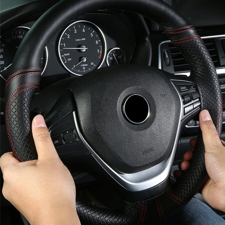 38cm Cowhide Embossed Hand-Stitched Double-Line Steering Wheel Cover(Black White Line)