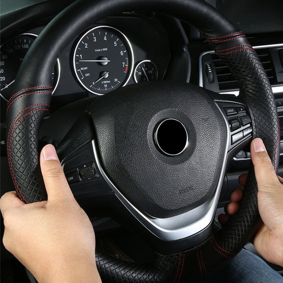 38cm Cowhide Embossed Hand-Stitched Double-Line Steering Wheel Cover(Black White Line)