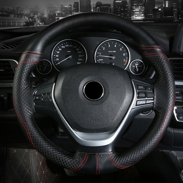 38cm Cowhide Embossed Hand-Stitched Double-Line Steering Wheel Cover(Black Blue Line)
