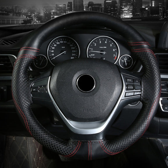38cm Cowhide Embossed Hand-Stitched Double-Line Steering Wheel Cover(Black Black Line)