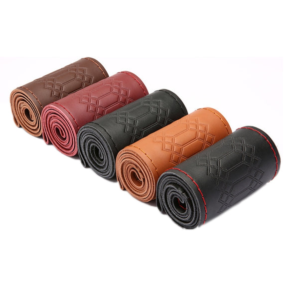 38cm Four-season Embossed Hand-sewn Cowhide Steering Wheel Cover(Black+Red Line)