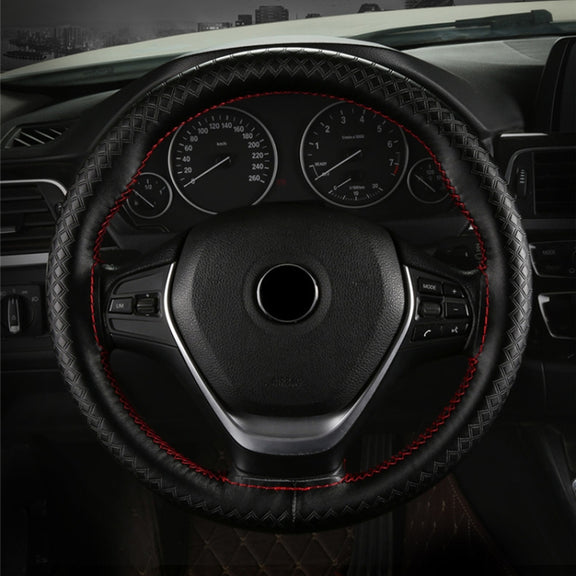 38cm Four-season Embossed Hand-sewn Cowhide Steering Wheel Cover(Black+Red Line)