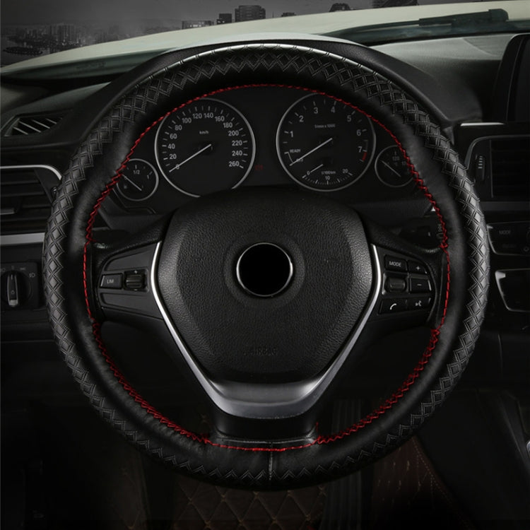 38cm Four-season Embossed Hand-sewn Cowhide Steering Wheel Cover(Black+Red Line)