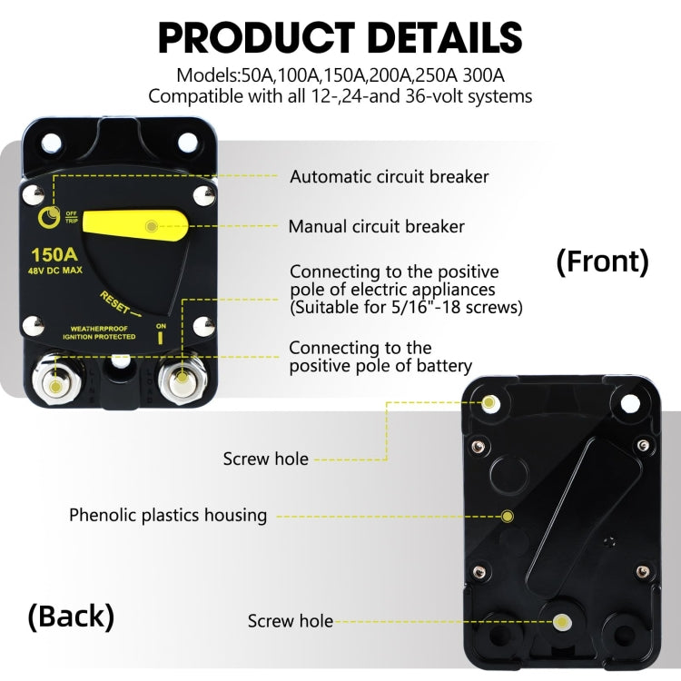 RV Yacht Manual Reset Ignition Protection Fuse Switch With Terminal Accessories, Current: 50A