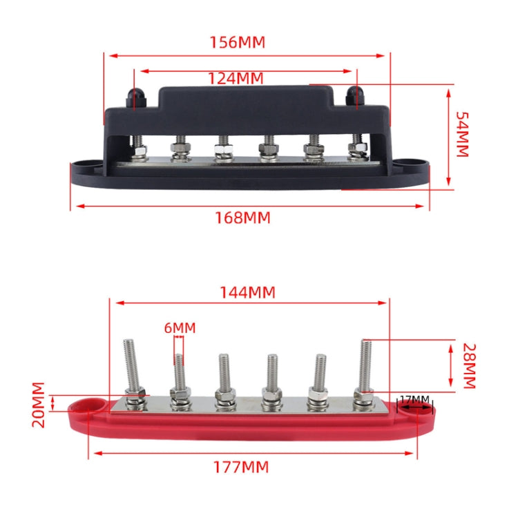 M6 RV Yacht High Current 6-column 250A Base Busbar, Color: Red + Black with Accessories