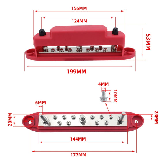 M6 3-post 10-way RV Yacht Short-circuit Proof Base DC Busbar, Color: Red