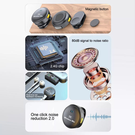 USB-C / Type-C Wireless Lavalier Button Microphone With Magnetic Suction & Back Clip Design