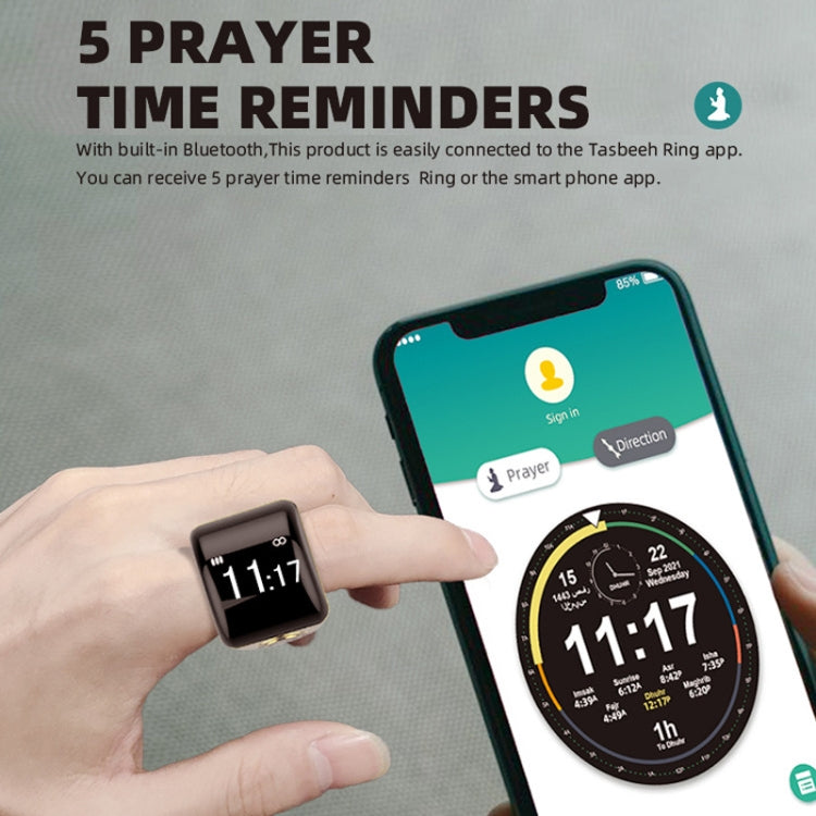 Equantu Smart Bluetooth Finger Counter Muslim Prayer Time Reminder Ring, Style: Black 22mm
