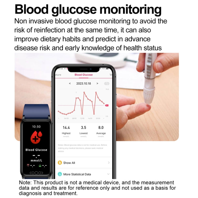 Uric Acid Blood Lipid Noninvasive Blood Sugar Heart Rate Oxygen Temperature Monitoring Smart Healthy Sports Bracelet(Blue)