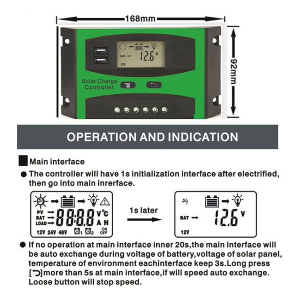 10A 12V/24V Solar Charge And Discharge Controller Dual USB Port LCD Solar Cells Panel Charge Regulator
