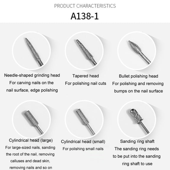 A138-2 Manicure Grinding Heads Set Nail Polishers Accessories Nail Tools