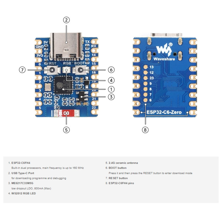 Waveshare ESP32-C6 Mini WiFi 6 & Bluetooth 5 Dual Processors Development Board, Spec: Zero
