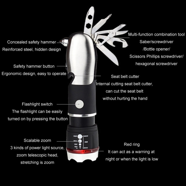 Outdoor Window Breaking Escape Safety Hammer Emergency Flashlight(Black White)
