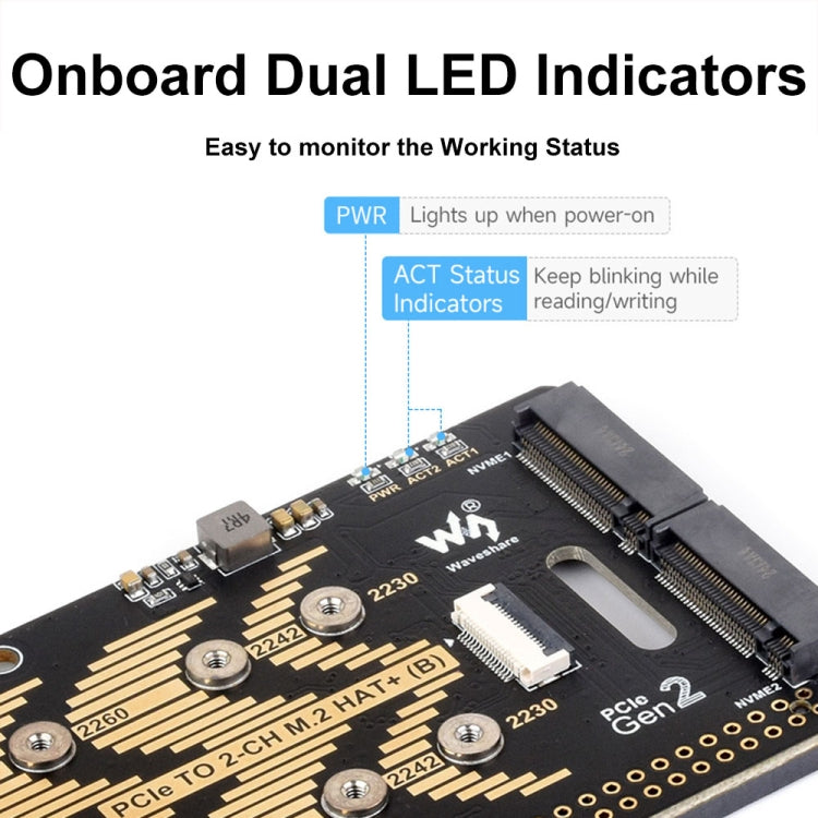 Waveshare For Raspberry Pi 5 PCIe To 2-Ch M.2 Adapter Type B NVMe Protocol(27710)