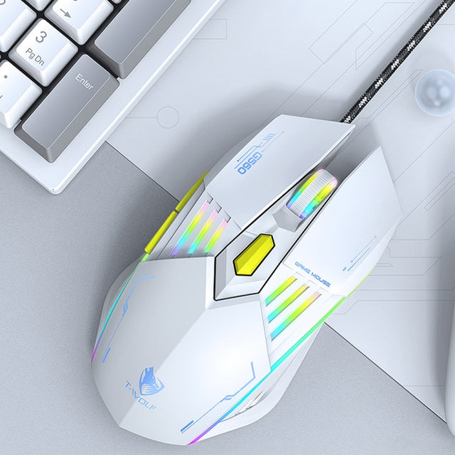 T-WOLF G560 6-keys Cool Breathing Light Gaming Wired Mouse Mechanical Office Silent Mouse(Gray)