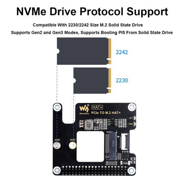 Waveshare For Raspberry Pi 5 PCIe To M.2 Adapter, NVMe Protocol M.2 SSD Basic Kit