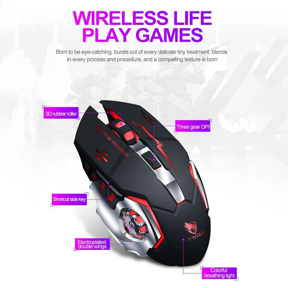 T-WOLF Q13 2.4GHz 6-keys RGB Colorful Light Gaming Wireless Mouse, Color: Single Mode White