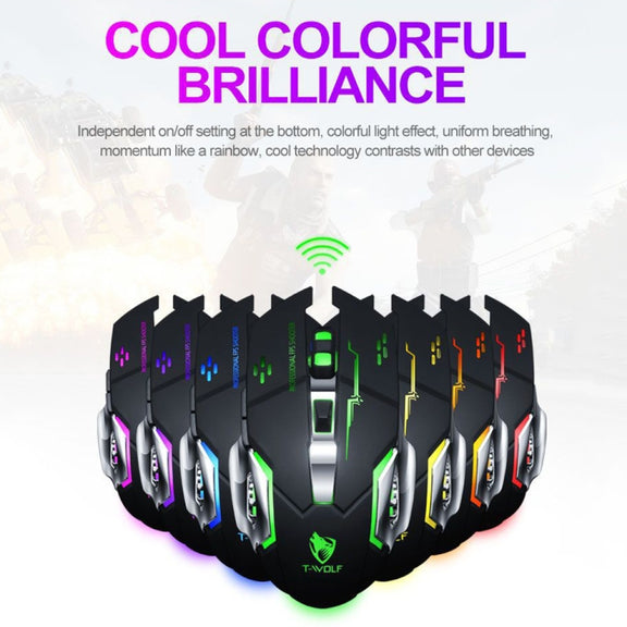 T-WOLF Q13 2.4GHz 6-keys RGB Colorful Light Gaming Wireless Mouse, Color: Single Mode Star Black