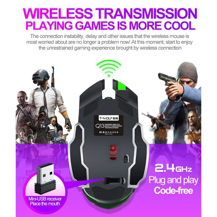 T-WOLF Q13 2.4GHz 6-keys RGB Colorful Light Gaming Wireless Mouse, Color: Dual Mode Gray