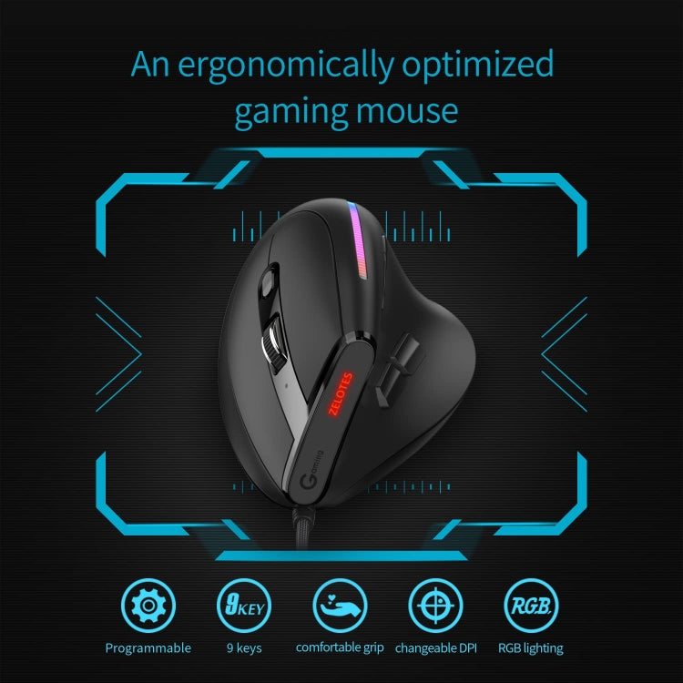 ZELOTES T50 9-Keys RGB Lighting Effect Vertical Grip Ergonomic Programming Wired Mouse(Black)