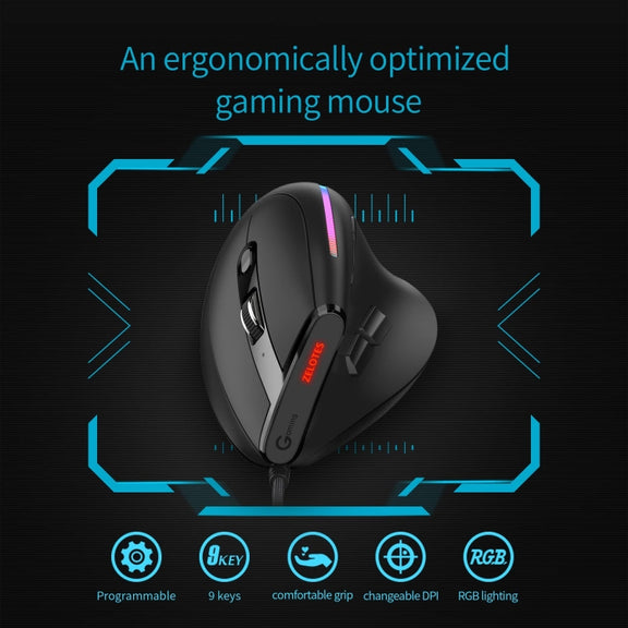 ZELOTES T50 9-Keys RGB Lighting Effect Vertical Grip Ergonomic Programming Wired Mouse(Black)