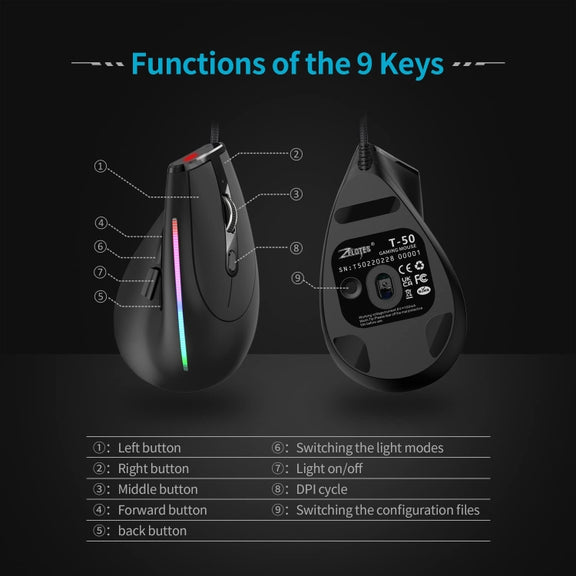 ZELOTES T50 9-Keys RGB Lighting Effect Vertical Grip Ergonomic Programming Wired Mouse(Black)