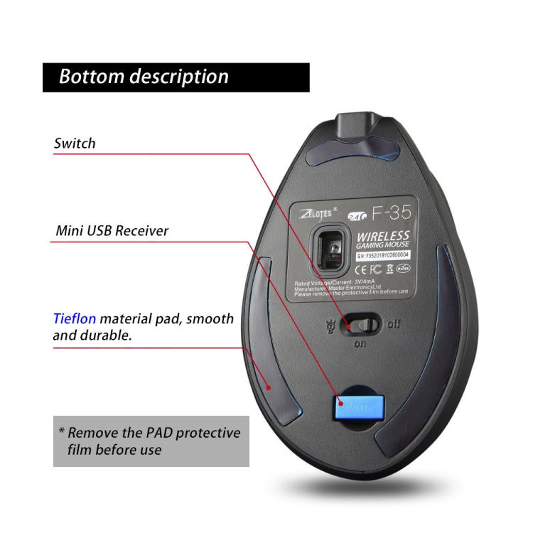 ZELOTES F35 6-buttons Vertical Grip Ergonomic Rechargeable Wireless Mouse(Blue Light)