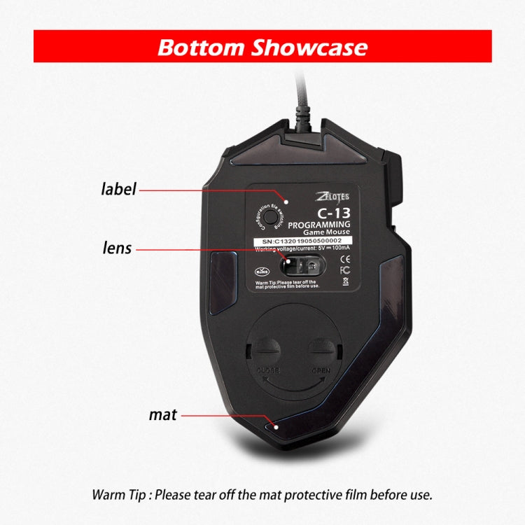 ZELOTES C13 13-keys RGB Lighting Effect Programming Macro Custom Gaming Wired Mouse(Black)