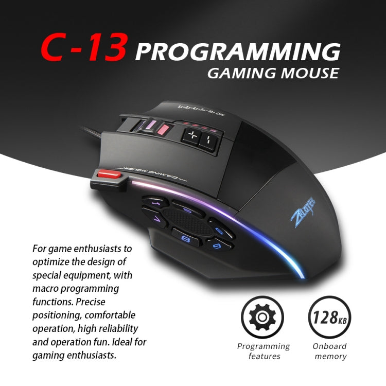 ZELOTES C13 13-keys RGB Lighting Effect Programming Macro Custom Gaming Wired Mouse(Black)