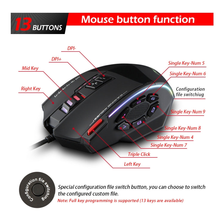 ZELOTES C13 13-keys RGB Lighting Effect Programming Macro Custom Gaming Wired Mouse(Black)