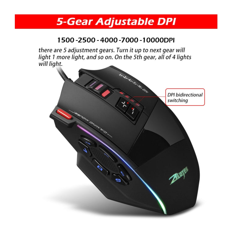 ZELOTES C13 13-keys RGB Lighting Effect Programming Macro Custom Gaming Wired Mouse(Black)