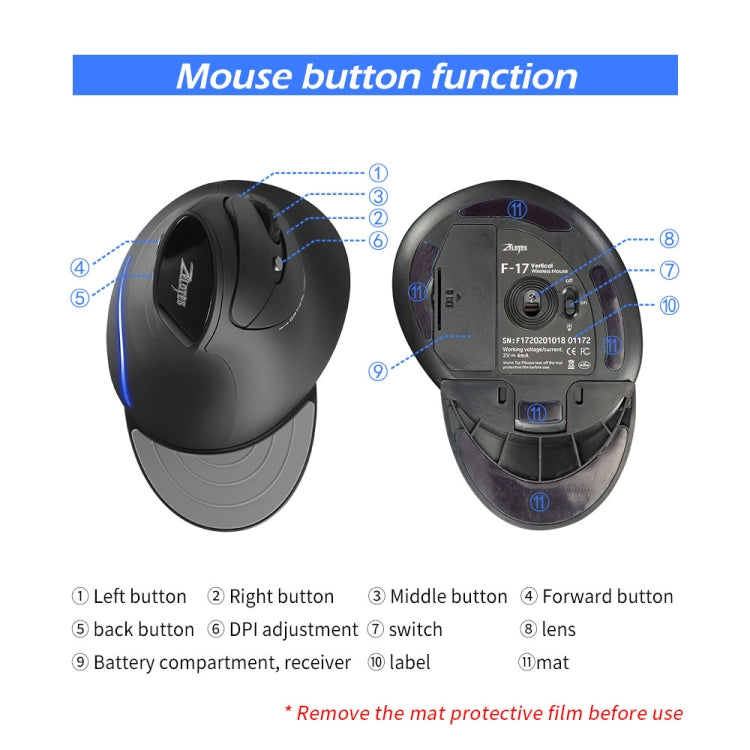 ZELOTES F17 6-buttons Vertical Grip Ergonomic Wireless Mouse(Black)