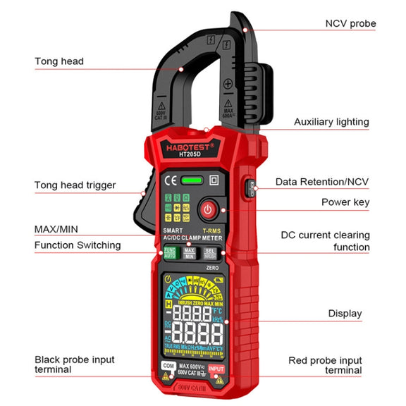 HABOTEST HT205D Clamp Intelligent Anti-Burning Multi-Function High Precision Digital Multimeter(Black Red)