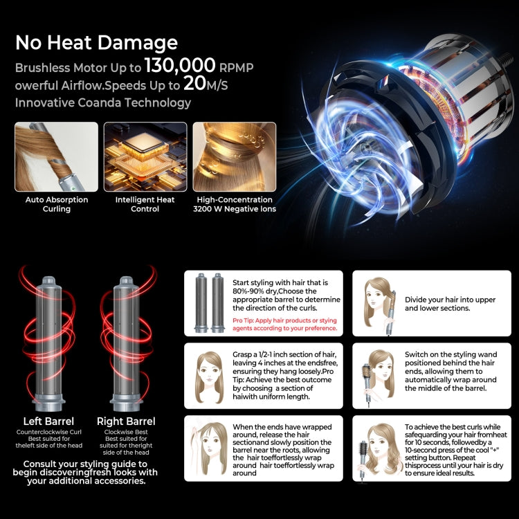 5 in 1 Hot Air Comb Automatic Curling Negative Ion Hair Dryer, Color: Black Gold EU Plug