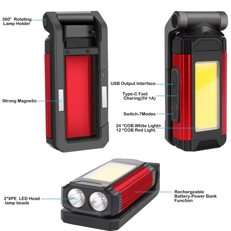 E-SMARTER K011 USB Rechargeable Repair Light With Magnet COB Strong Light Flashlight, Style: A Foldable Red