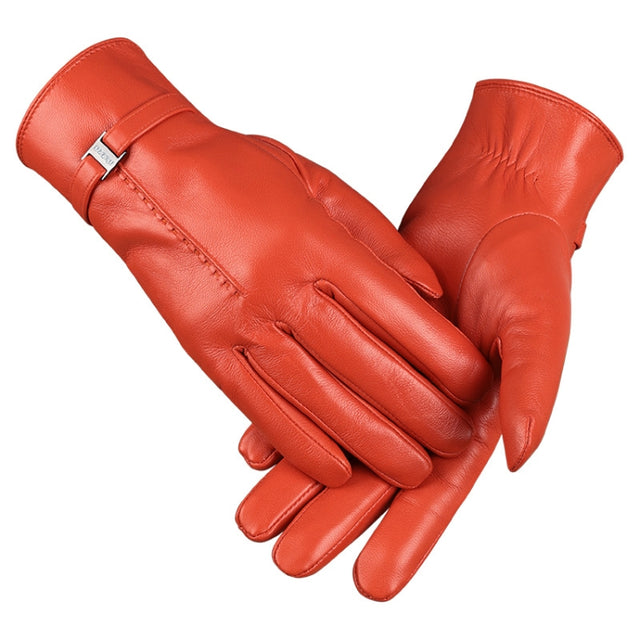 OZERO Women Sheepskin Warm Gloves with Fleece Lining Split Finger Elasticated Gloves, Size: L(Orange Red)