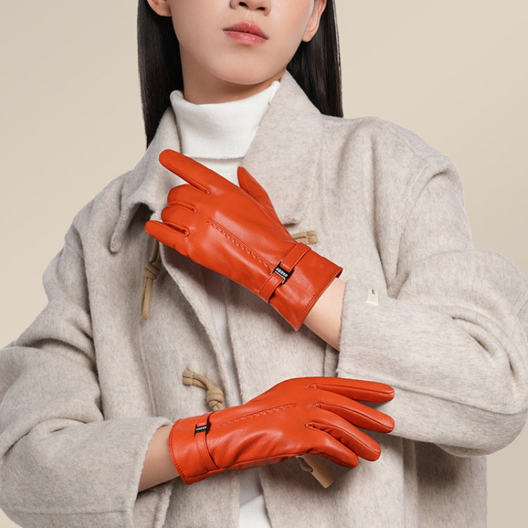 OZERO Women Sheepskin Warm Gloves with Fleece Lining Split Finger Elasticated Gloves, Size: M(Orange Red)