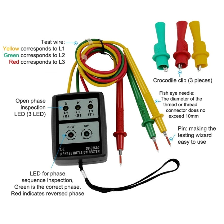 SP8030 3 Phase Alternating Current Phase Meter Phase Detector Rotation Tester Indicator Digital Phase-Order Indicator