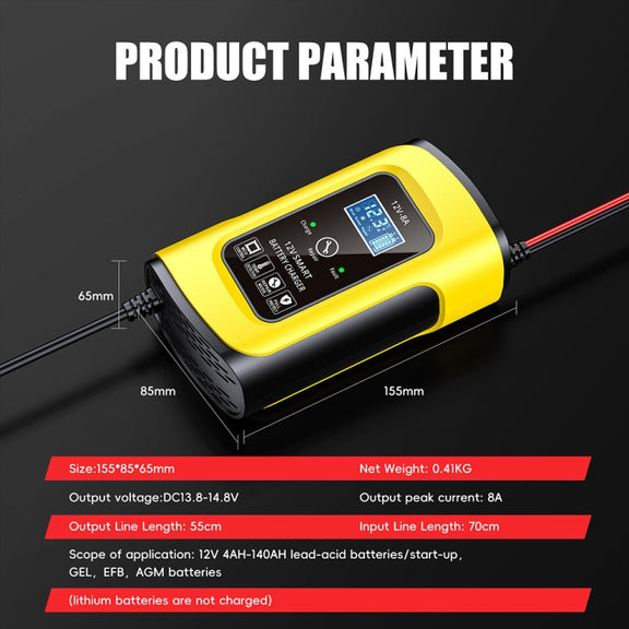 FOXSUR 12V8A SUV Car Motorcycle Intelligent Repair Type Lead-acid Battery Charger(EU Plug)