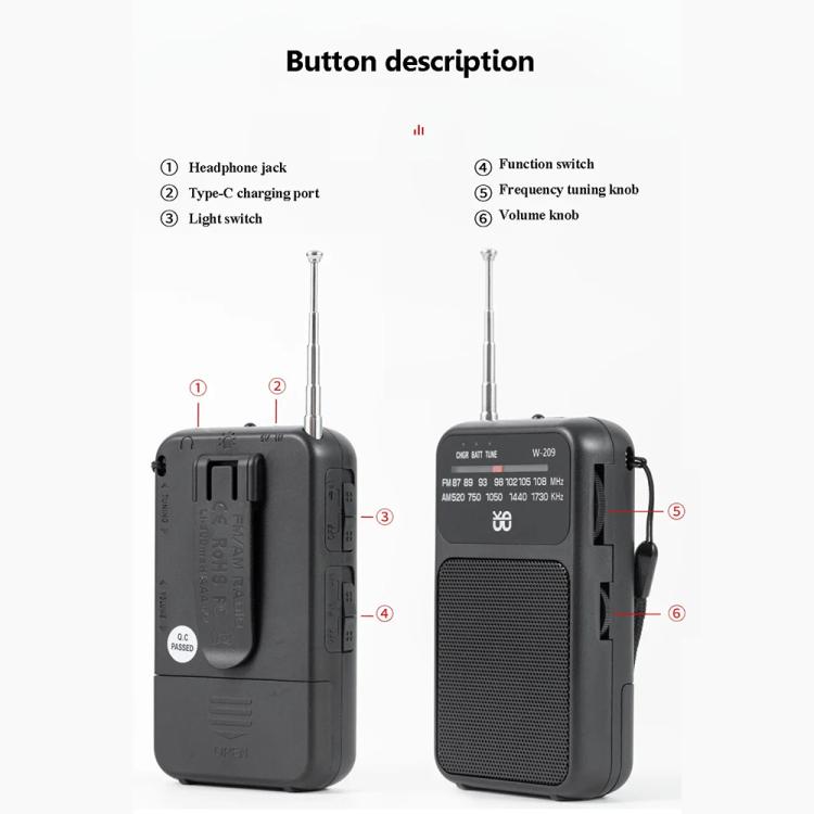 W-209 Mini Portable Rechargeable / Battery Dual-mode Powered Pointer FM Radio with Flashlight(Blue)