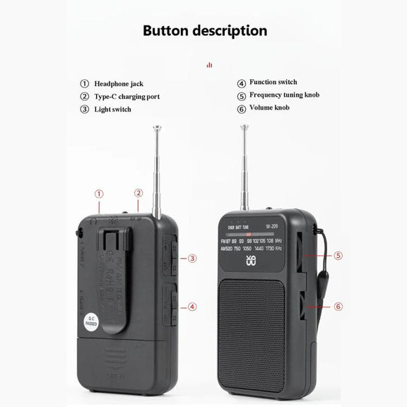 W-209 Mini Portable Rechargeable / Battery Dual-mode Powered Pointer FM Radio with Flashlight(Blue)