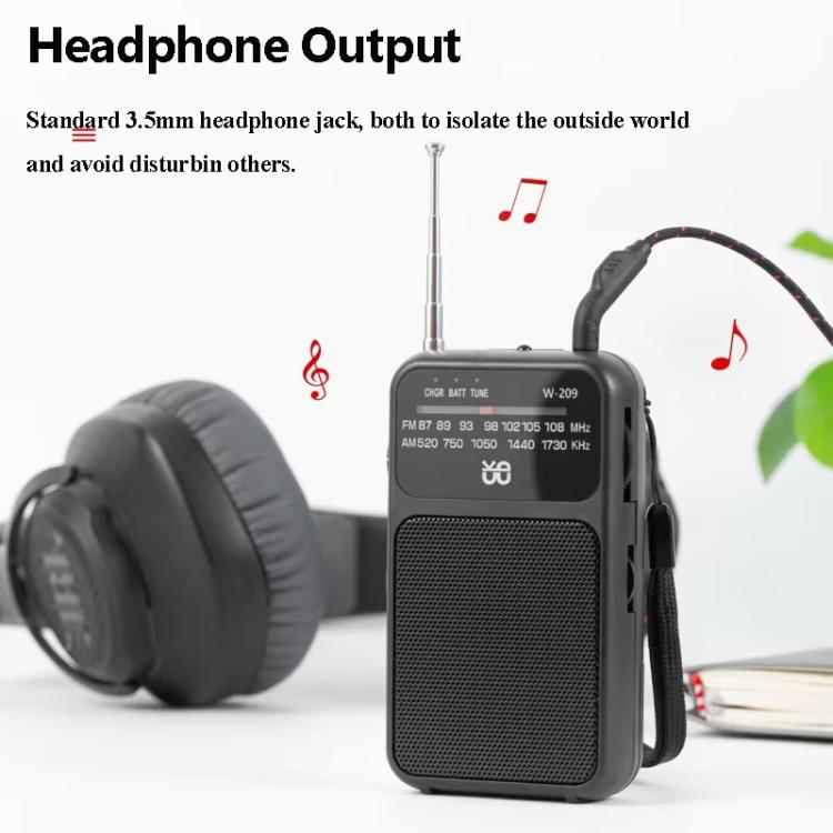 W-209 Mini Portable Rechargeable / Battery Dual-mode Powered Pointer FM Radio with Flashlight(Black)