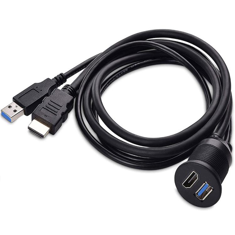 2m USB3.0+HDMI Car Water-resistant Cable Motorcycle Boat Dashboard Extension Wire(Black)