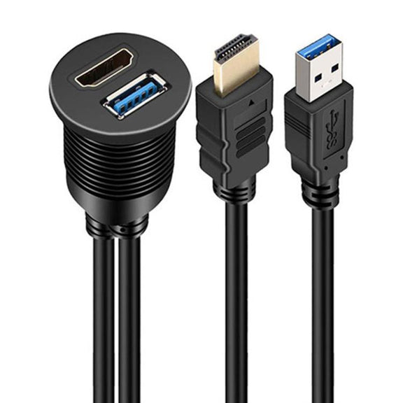 2m USB3.0+HDMI Car Water-resistant Cable Motorcycle Boat Dashboard Extension Wire(Black)