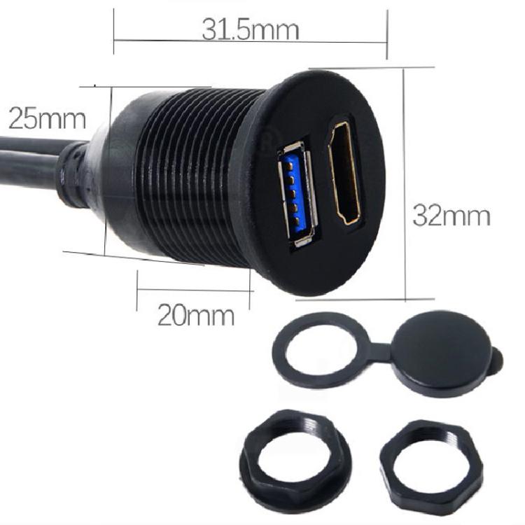 2m USB3.0+HDMI Car Water-resistant Cable Motorcycle Boat Dashboard Extension Wire(Black)
