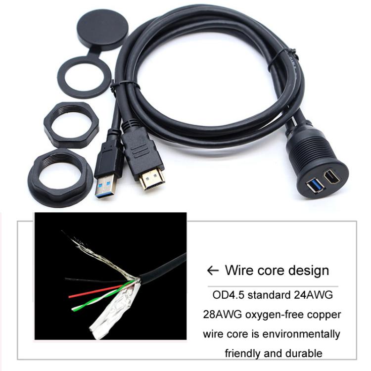 2m USB3.0+HDMI Car Water-resistant Cable Motorcycle Boat Dashboard Extension Wire(Black)