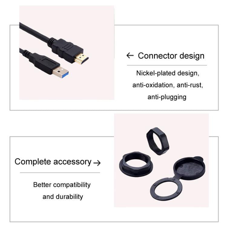 2m USB3.0+HDMI Car Water-resistant Cable Motorcycle Boat Dashboard Extension Wire(Black)