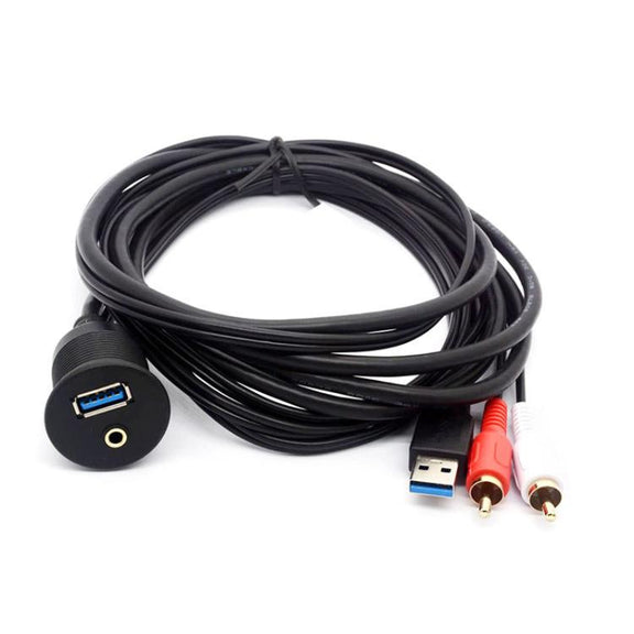 2m USB3.0+2RCA Car Water-resistant Cable Motorcycle Panel Boat Instrumentation Wire