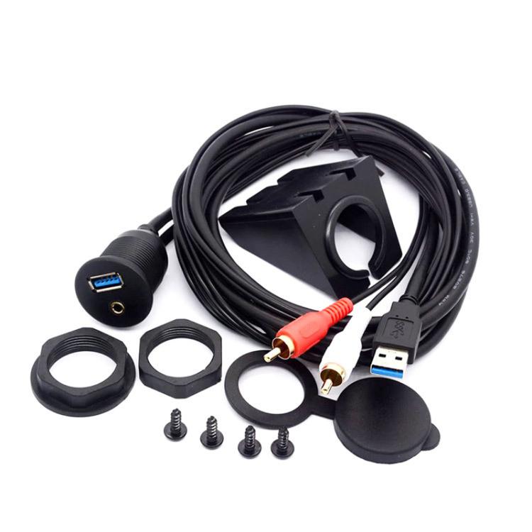 2m USB3.0+2RCA Car Water-resistant Cable Motorcycle Panel Boat Instrumentation Wire