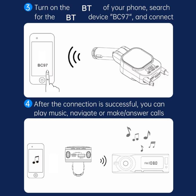 BC97 Dual Retractable Cable Car Charger Automobile Bluetooth MP3 Player